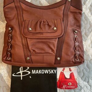 b. makowsky Chestnut Brown Leather Shoulder Bag with Front Flap Pocket